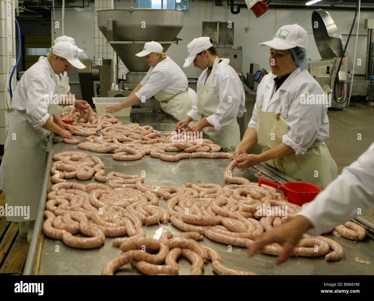 Wurst machen bei der Fleischverarbeitung Velkom und Verpackung Fabrik Pavlovskaya Sloboda Moskau Region Stockfoto