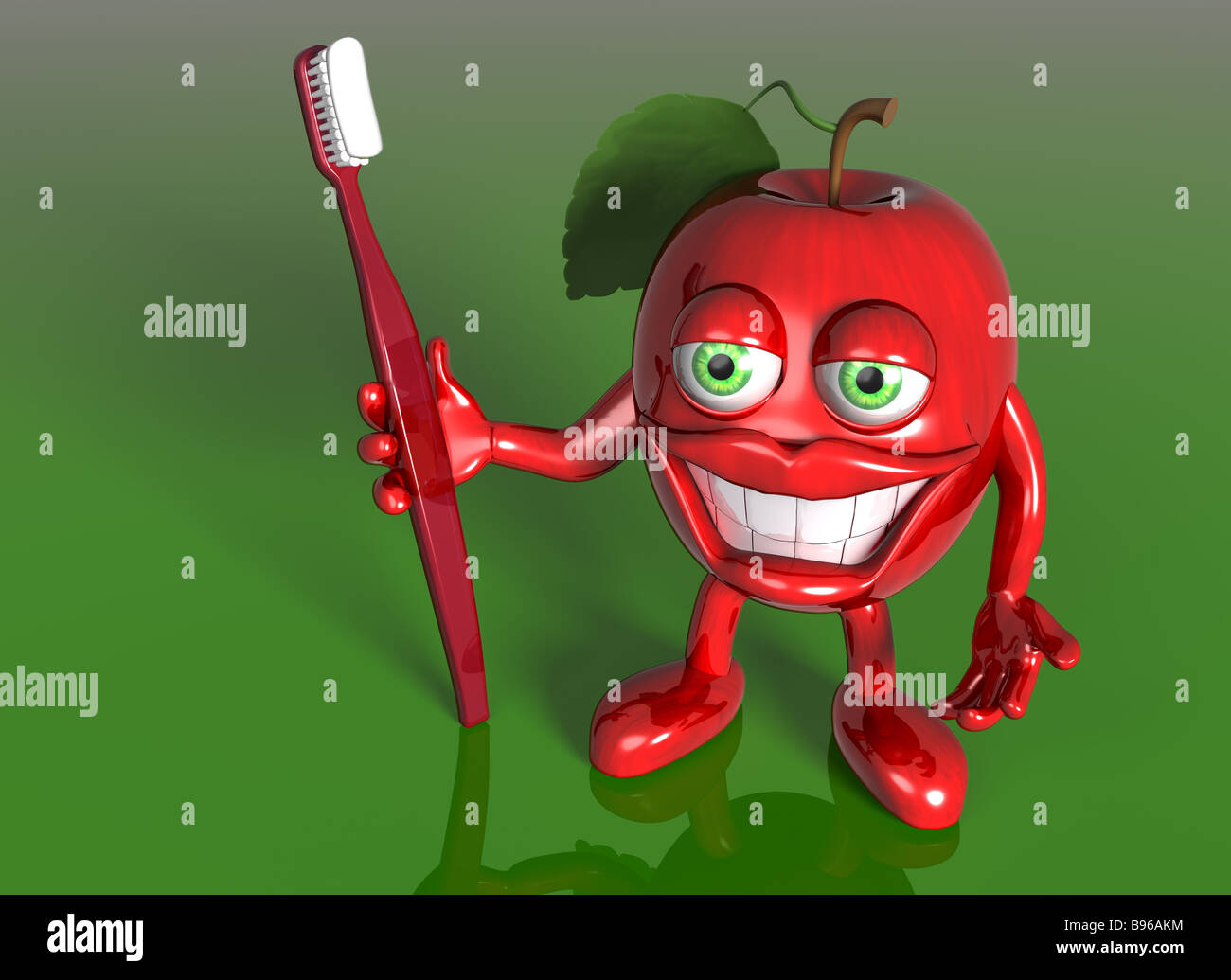 Beispiel für einen Cartoon roten Apfel mit einer großen Zahnbürste und weiße Zähne Stockfoto