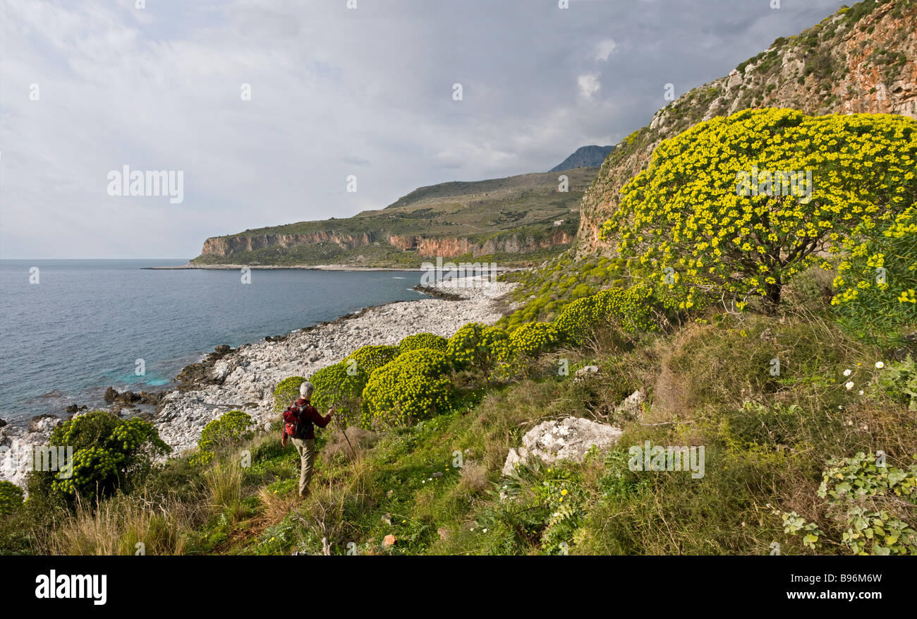Fuß auf einem Küstenweg an der Grenze zwischen der äußeren und der inneren Mani in der Nähe von Itilo, Messinian Mani, südlichen Peloponnes, Griechenland Stockfoto