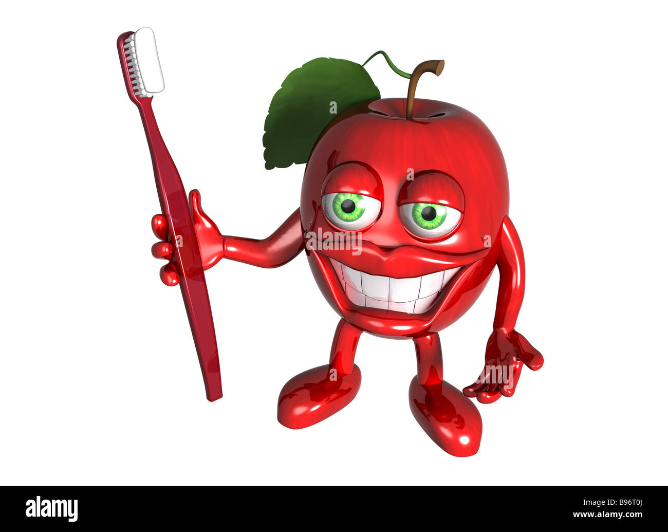 Isolierte Abbildung eines Cartoon roten Apfel mit einer großen Zahnbürste und weiße Zähne Stockfoto