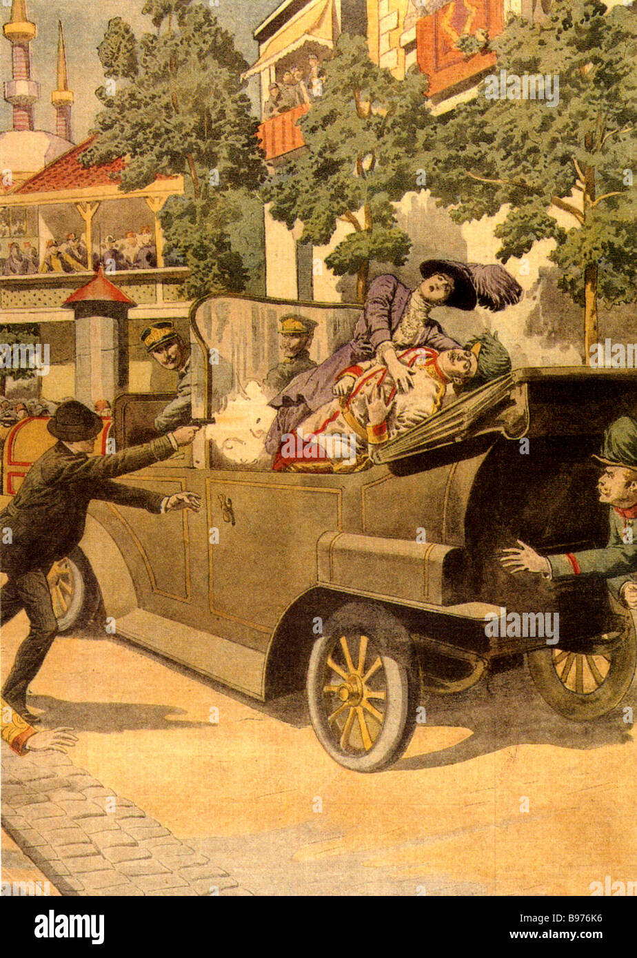 Ermordung des österreichischen Erzherzog FRANZ FERDINAND und seiner Frau durch Gavrilo Princip in Sarajevo am 28. Juni 1914 in einer französischen Zeitung Stockfoto