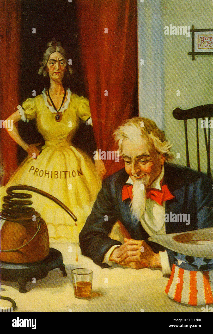 AMERIKANISCHEN PROHIBITION CARTOON über 1925 zeigt einen Stern konfrontiert Dame fangen ein Onkel Sam Charakter mit einem illegalen drink Stockfoto