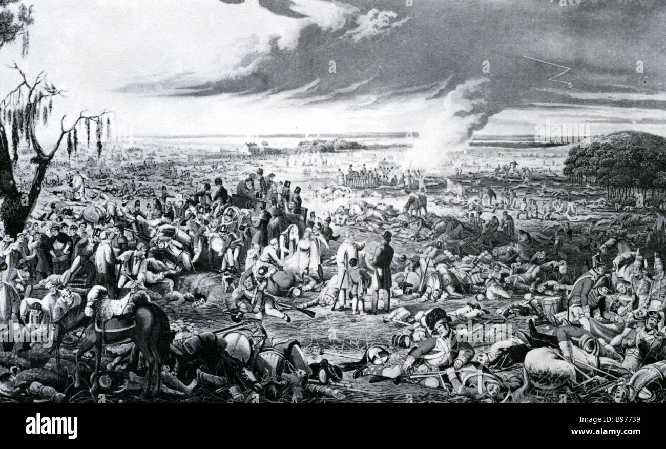 Schlacht von WATERLOO 18. Juni 1815 zeitgenössische Gravur des Schlachtfeldes am Morgen nach der Schlacht Stockfoto