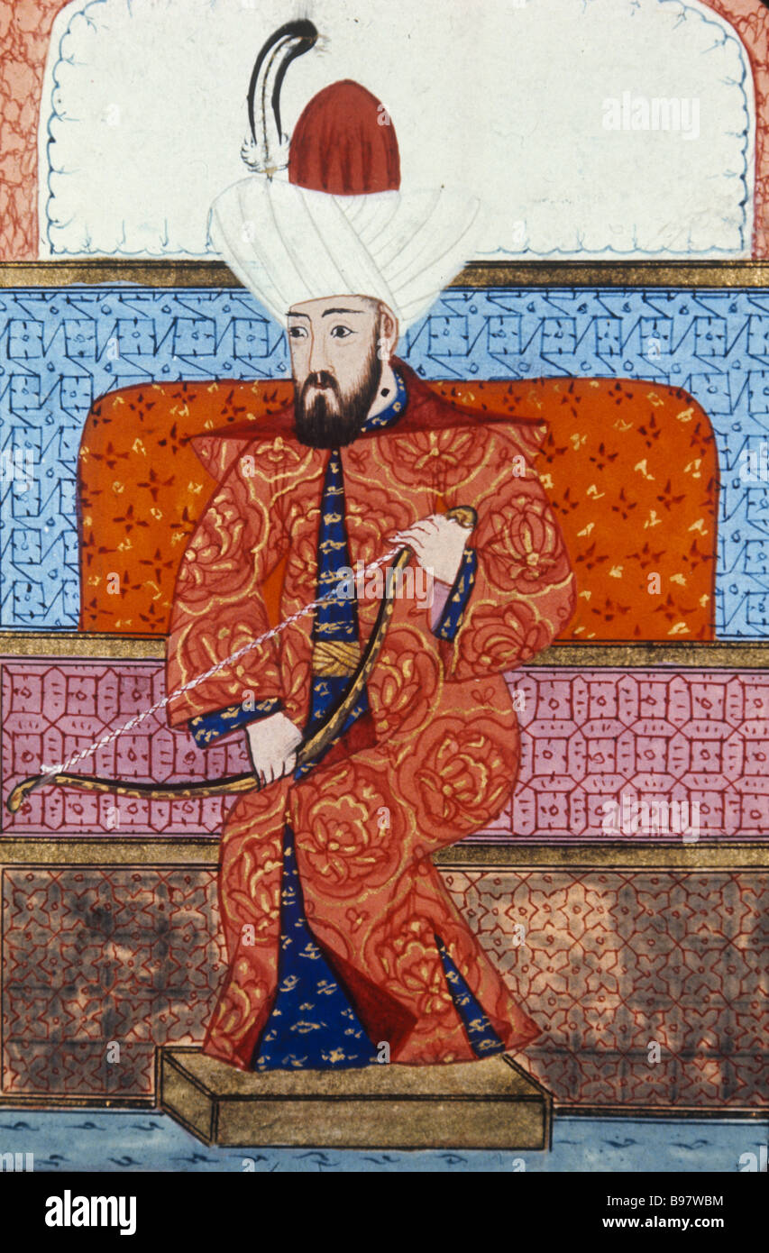 TR772-10-77b Sultan Ophan hält einen Bogen, die er gegenüber dem ägyptischen Botschafter aus dem 16. Jahrhundert präsentiert Stockfoto