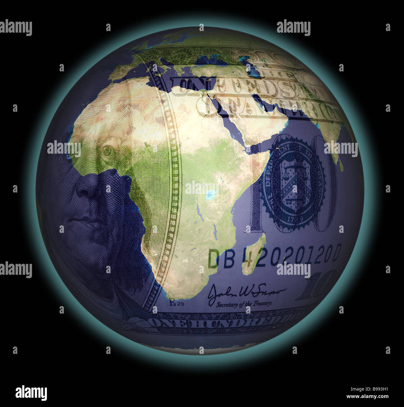 Computer-Grafik des Planeten Erde, mit Afrika auf dem Gesicht der Kugel, bedruckt mit einer hundert-Dollar-Schein Stockfoto