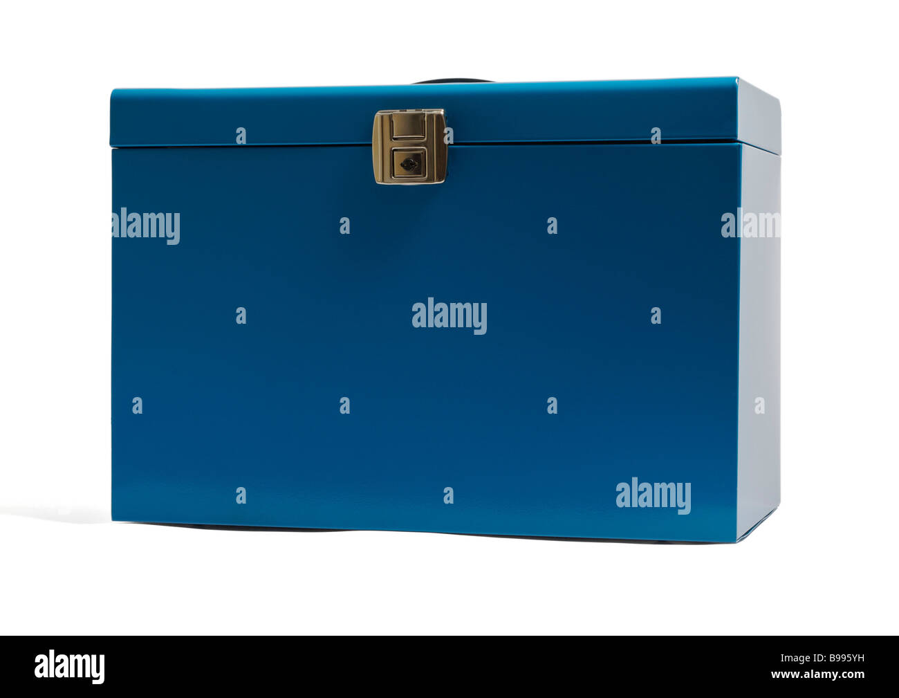 Blau Metall abschließbar Dateibox auf weißem Hintergrund Stockfoto