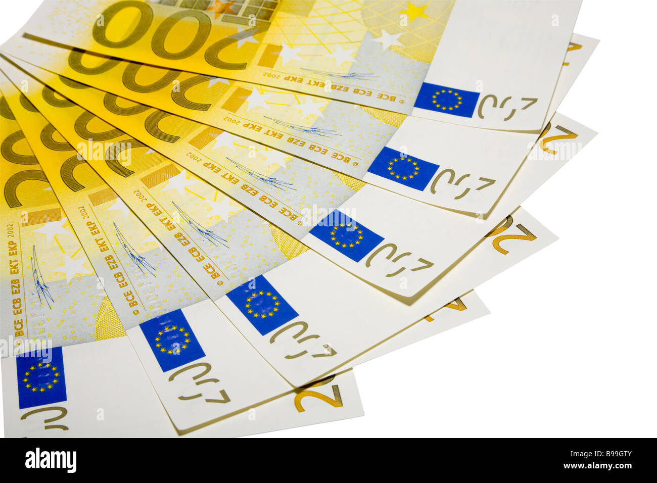 einige Euro-Banknoten isoliert auf weißem Hintergrund Stockfoto
