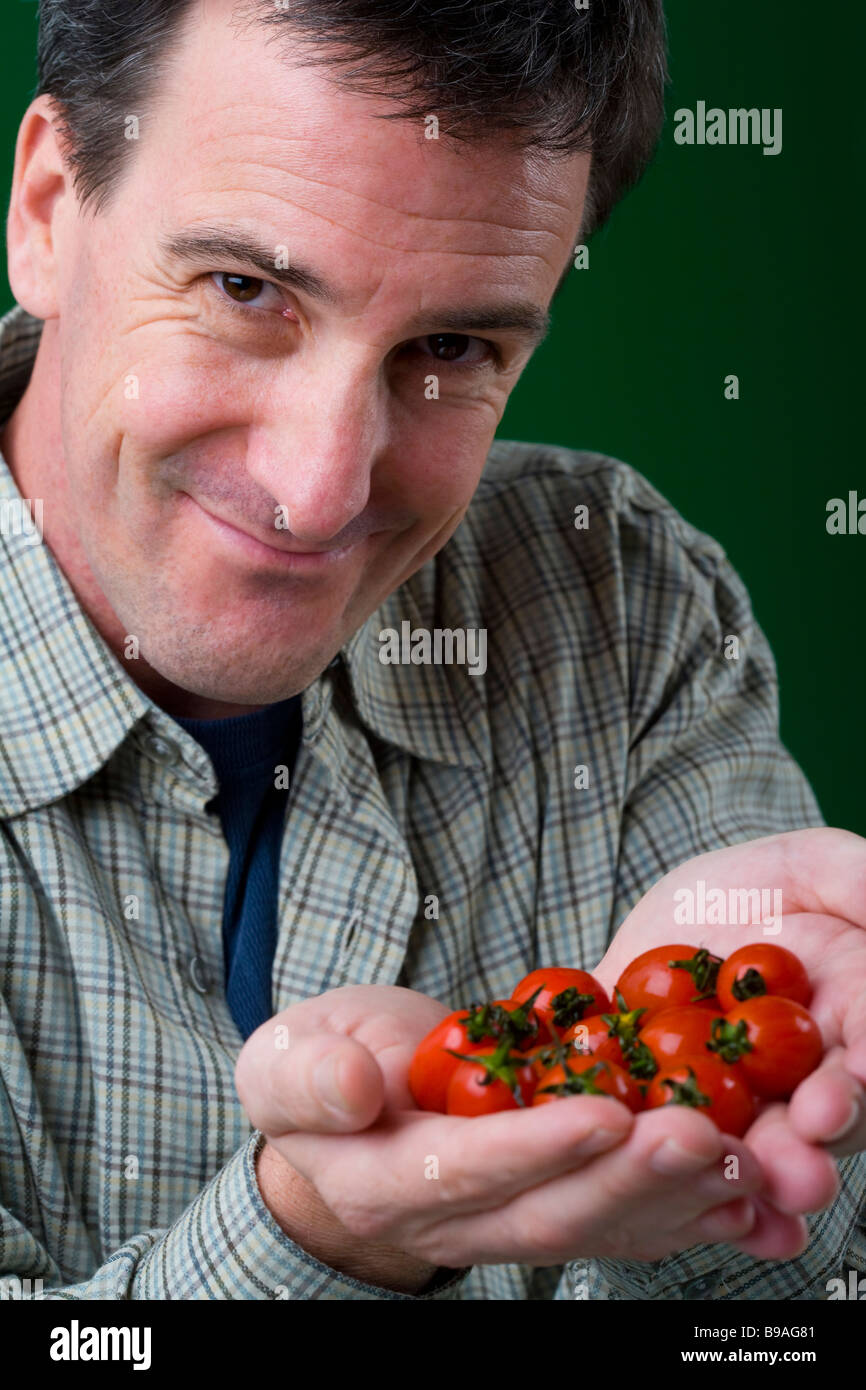 Mann-Betrieb-Cherry-Tomaten Stockfoto