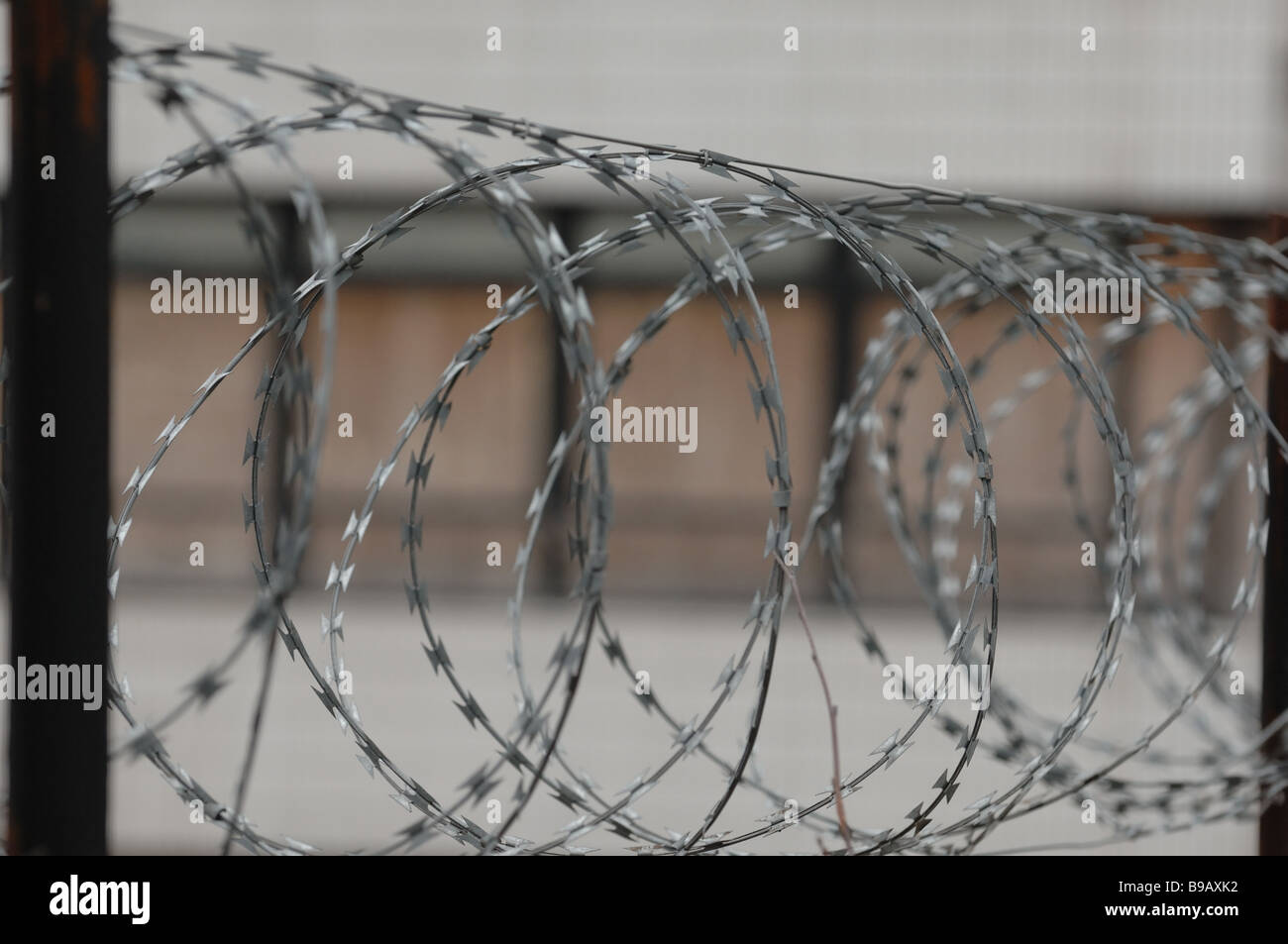 Gewickelten Stacheldraht vor einem verfallenen Gebäude Stockfoto