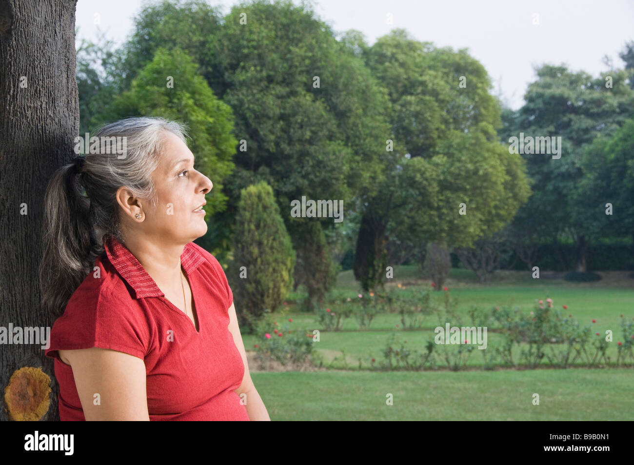 Frau Tagtraeume in einem Rasen, New Delhi, Indien Stockfoto