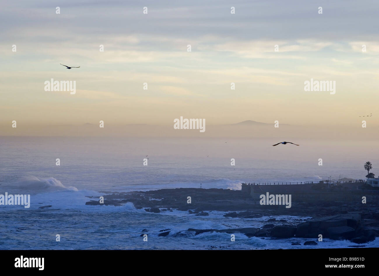 Nebligen Meere und Berge: Morgendämmerung Blick auf Tabelle Bucht von Bantry Bay Gegend von Kapstadt, Südafrika Stockfoto