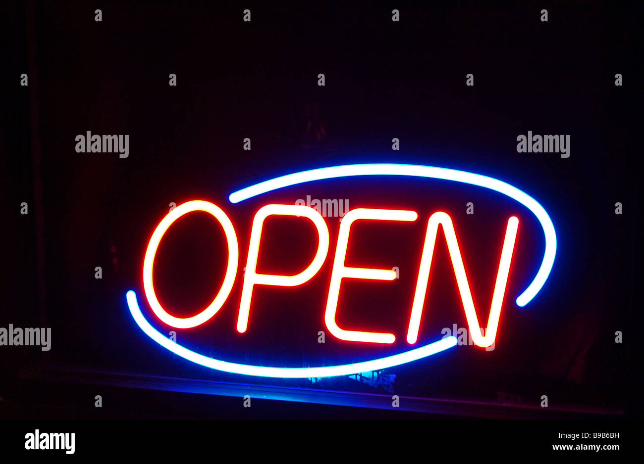 Open sign neon orange blue -Fotos und -Bildmaterial in hoher