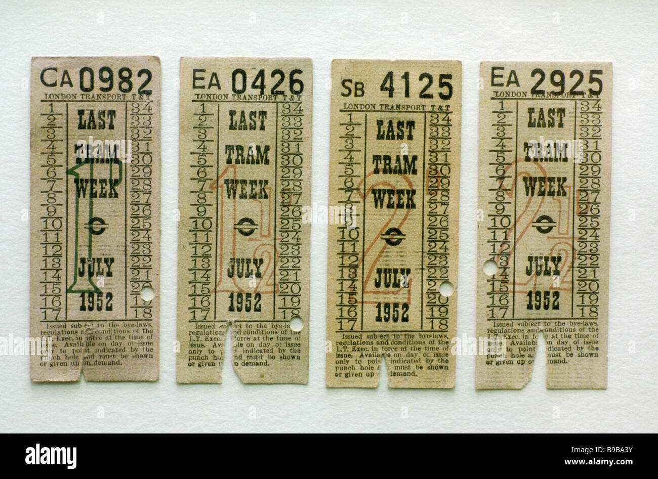 Alten London Transport Straßenbahn Tickets letzte Straßenbahn Woche 1952 Ticket England UK Stockfoto
