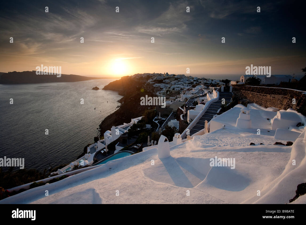 Sonnenuntergang Oia Santorini Kykladen Griechenland Stockfoto