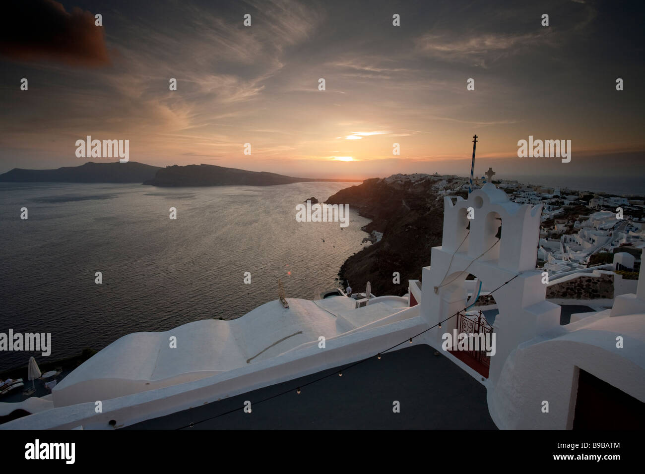 Sonnenuntergang Oia Santorini Kykladen Griechenland Stockfoto