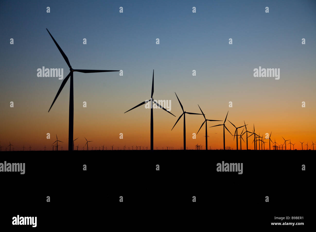 Dämmerung über Windkraftanlagen zur Stromerzeugung an Horse Hollow Wind Farm Nolan Texas Stockfoto
