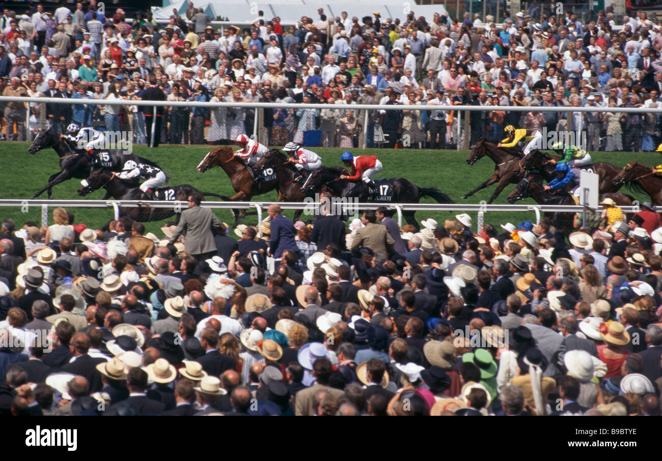 flache Pferderennen Racing Finish Gruppe Pferde Farben Stockfoto