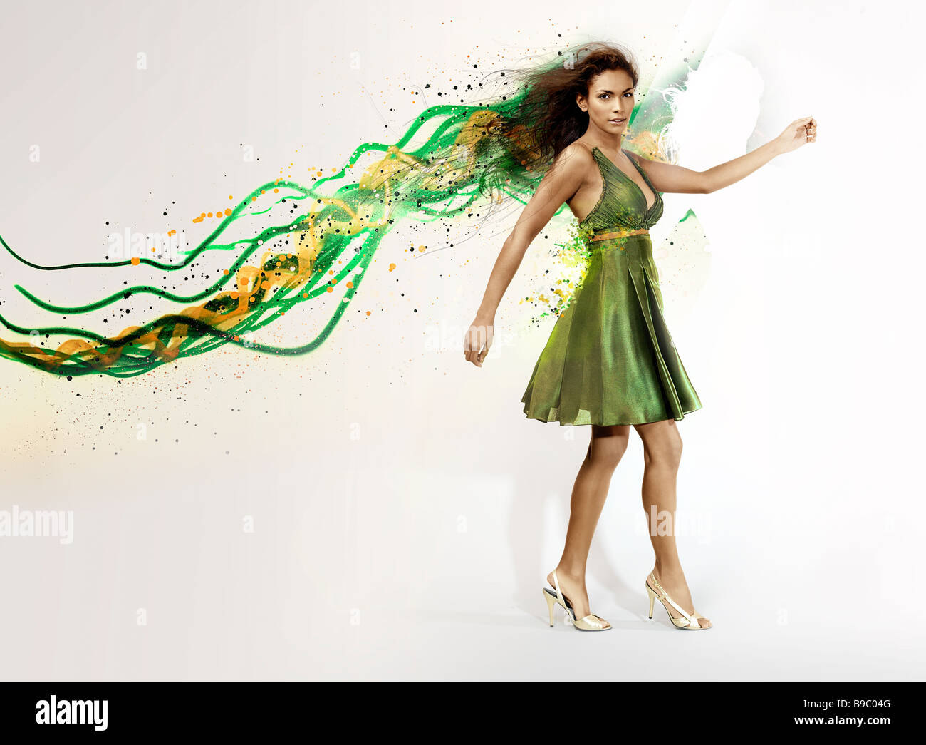 Mädchen. Bewegung. Illustrative Hintergrund. Grafischen Schuss. Mode. Ethnischen. Gemischte Rassen. Modell. Stockfoto