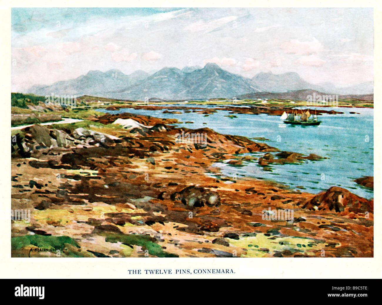 Zwölf Pins Connemara 1925 Landschaftsmalerei des kleinen Bergkette an der Westküste Irlands Stockfoto