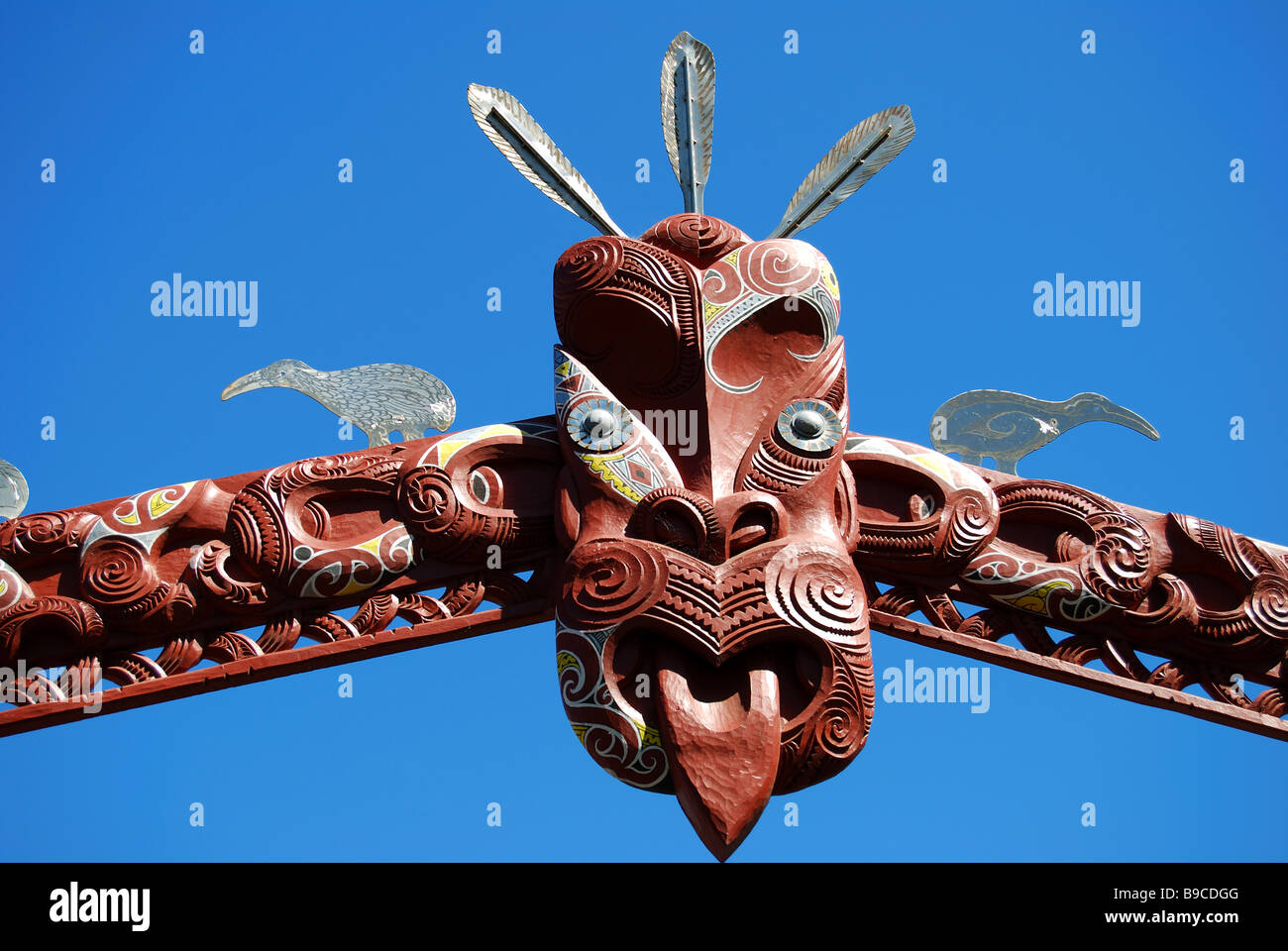 Maori carving, The Arts Centre, Worcester Boulevard, Christchurch, Canterbury, Südinsel, Neuseeland Stockfoto
