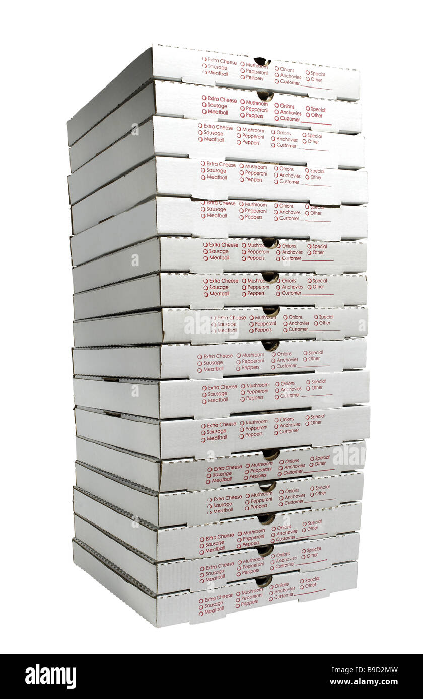 Stapel von Pizzakartons Stockfoto