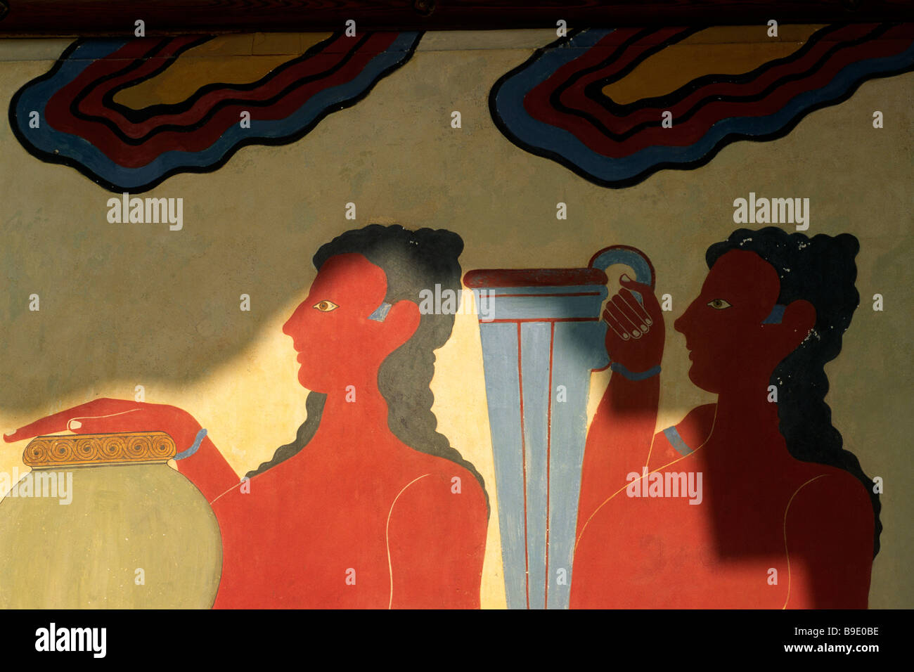 Griechenland, Kreta, Knossos, Minoischer Palast, Südpropylaeum, Prozession Fresko Gemälde aus nächster Nähe Stockfoto