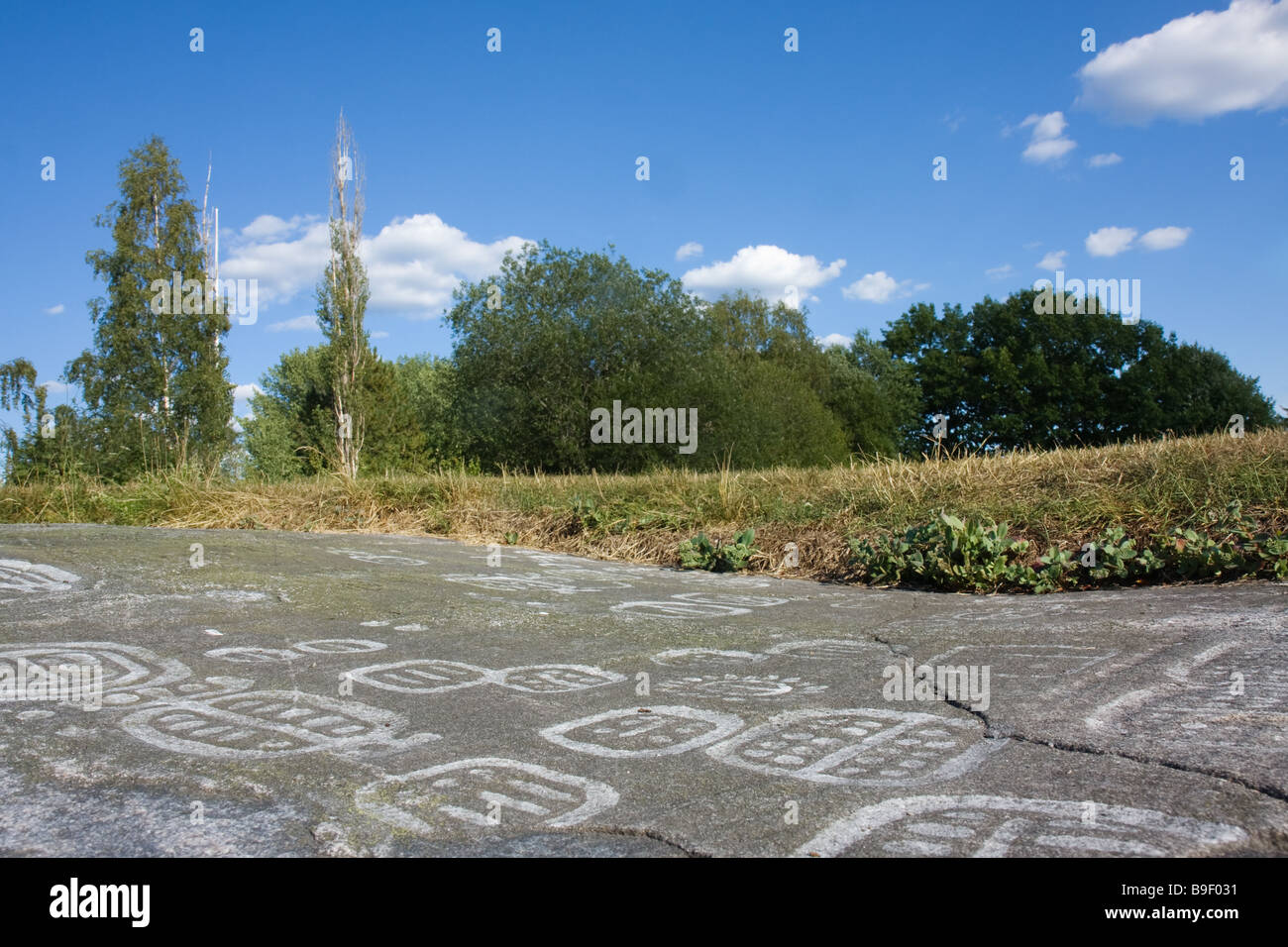 Felszeichnungen in Släbro, Nyköping, Schweden. Diese Schnitzereien sind etwa 3000 Jahre alt, aus der Bronzezeit. Stockfoto