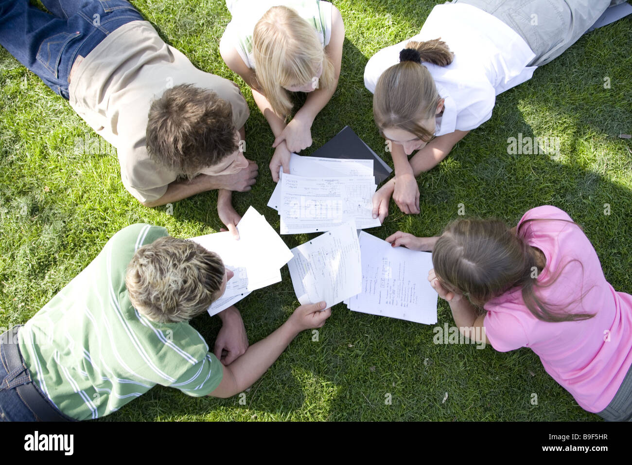 Studenten Wiese Schulzeugnisse Lüge diskutiert Draufsicht Serie Menschen Jugendliche Studenten Freunde Mitschüler Schule-Kollegen Stockfoto