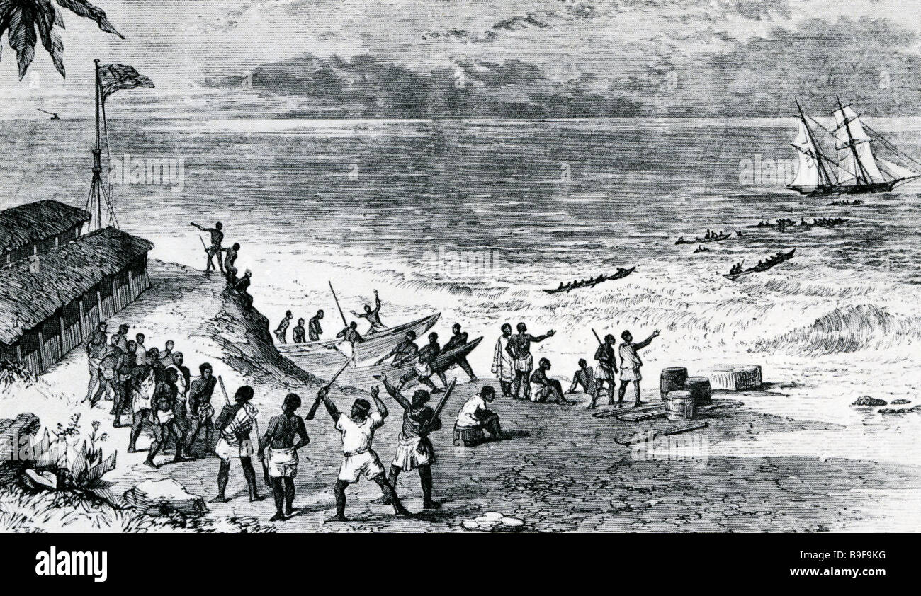 PORTUGIESISCHE Sklavenhändler aussenden Erben Gefangenen zu ihrem Schiff vor der Westküste Afrikas in der Mitte der 1800er Stockfoto