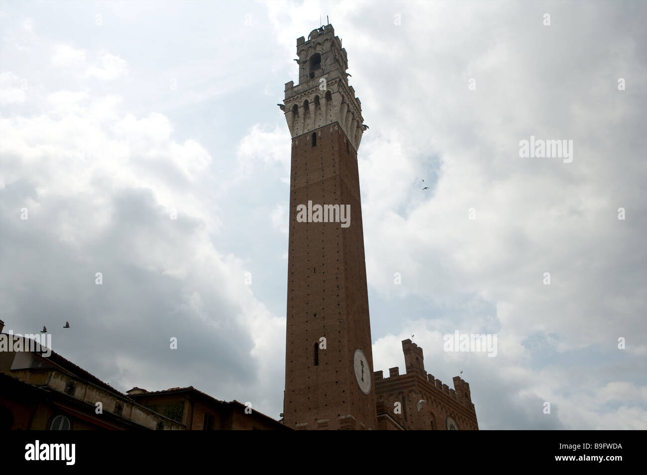 Die wichtigsten Turm von La Torres de genannt Mangia auf dem Platz Piazza Il Campo unter einem grauen Himmel in Siena Italien Stockfoto