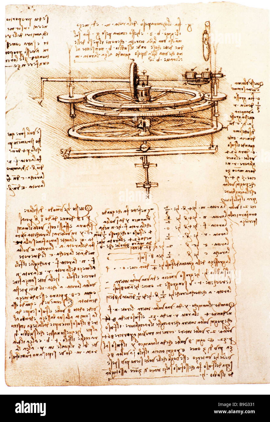 Studium der Mechanik von einem Spinnrad von Leonardo da Vinci 1493-1497 Stockfoto