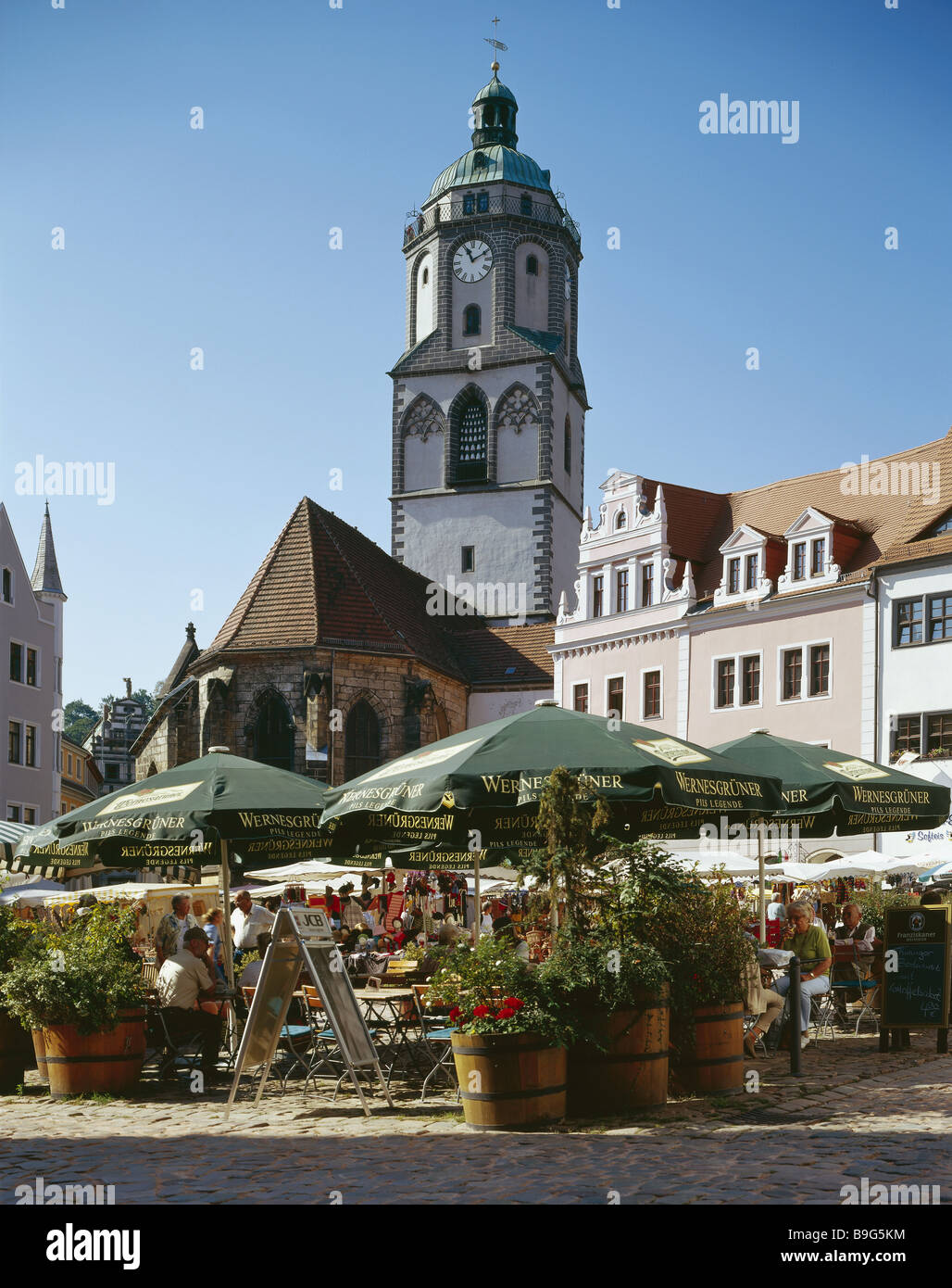 Deutschland-Sachsen-Meißen Marktplatz Café Frauenkirche Detail legen Restaurantterrasse Kneipe Bier Garten Kirchenraum Kirche Stockfoto