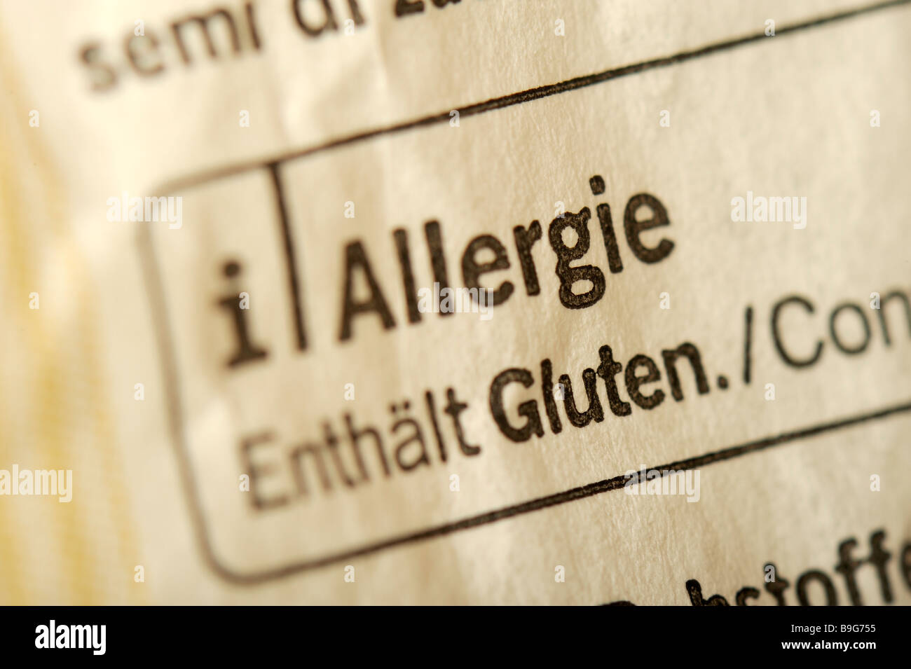 Allergie. Gründsätzen zum Inhaltsverzeichnis allergisches Potential auf ein Paket von Lebensmitteln: Sesam und Gluten. Stockfoto