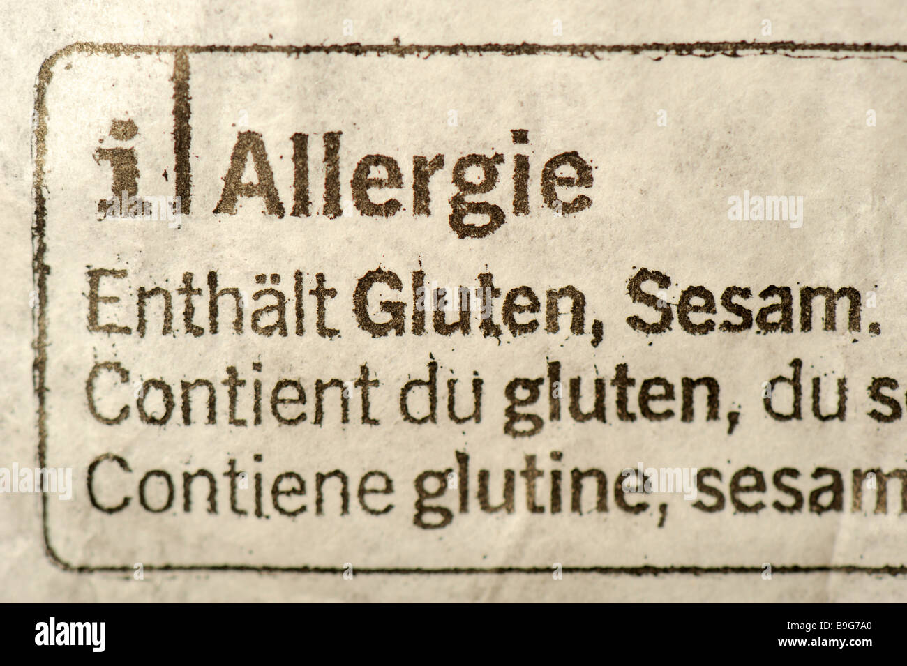 Allergie. Gründsätzen zum Inhaltsverzeichnis allergisches Potential auf ein Paket von Lebensmitteln: Sesam und Gluten. Stockfoto