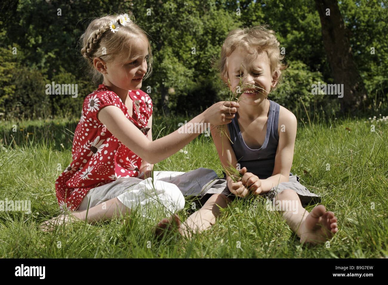 Sitzt Garten Mädchen junge Wiese Rasen spielt Menschen Kinder Geschwister Schwester Bruder Sommer fröhlich herumtollen ärgert gerne Gesichts Stockfoto