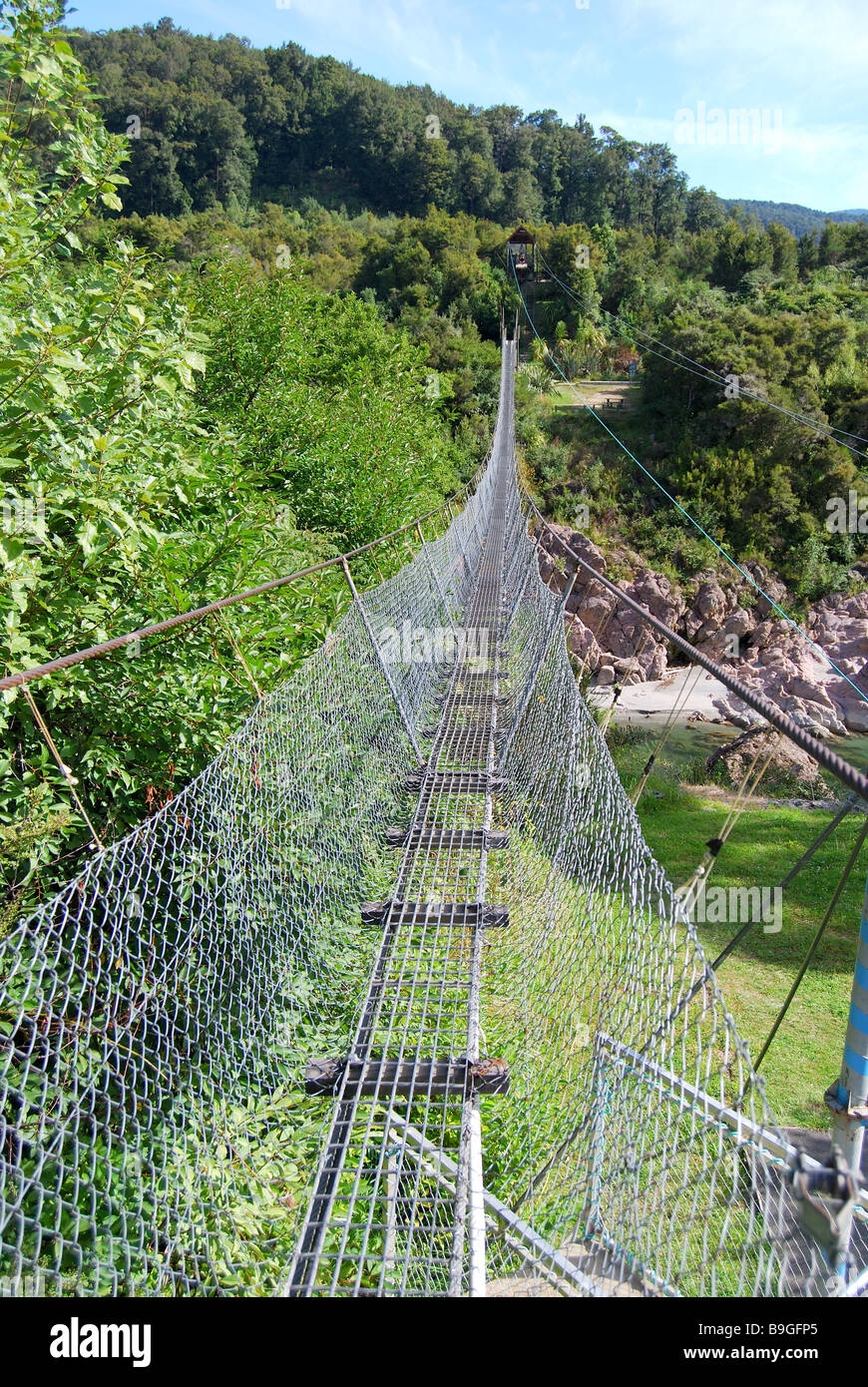 Die Buller Gorge Drehbrücke Adventure & Heritage Park, obere Buller Gorge, Murchison, Tasman, Südinsel, Neuseeland Stockfoto