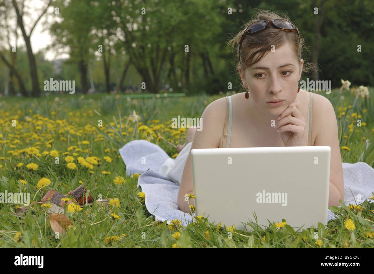 Frau junge Löwenzahn-Wiese liegend Notebook Surfen die Web-Serie Menschen Jugendliche Jugendliche Blume Wiese Löwenzahn Blüte Stockfoto