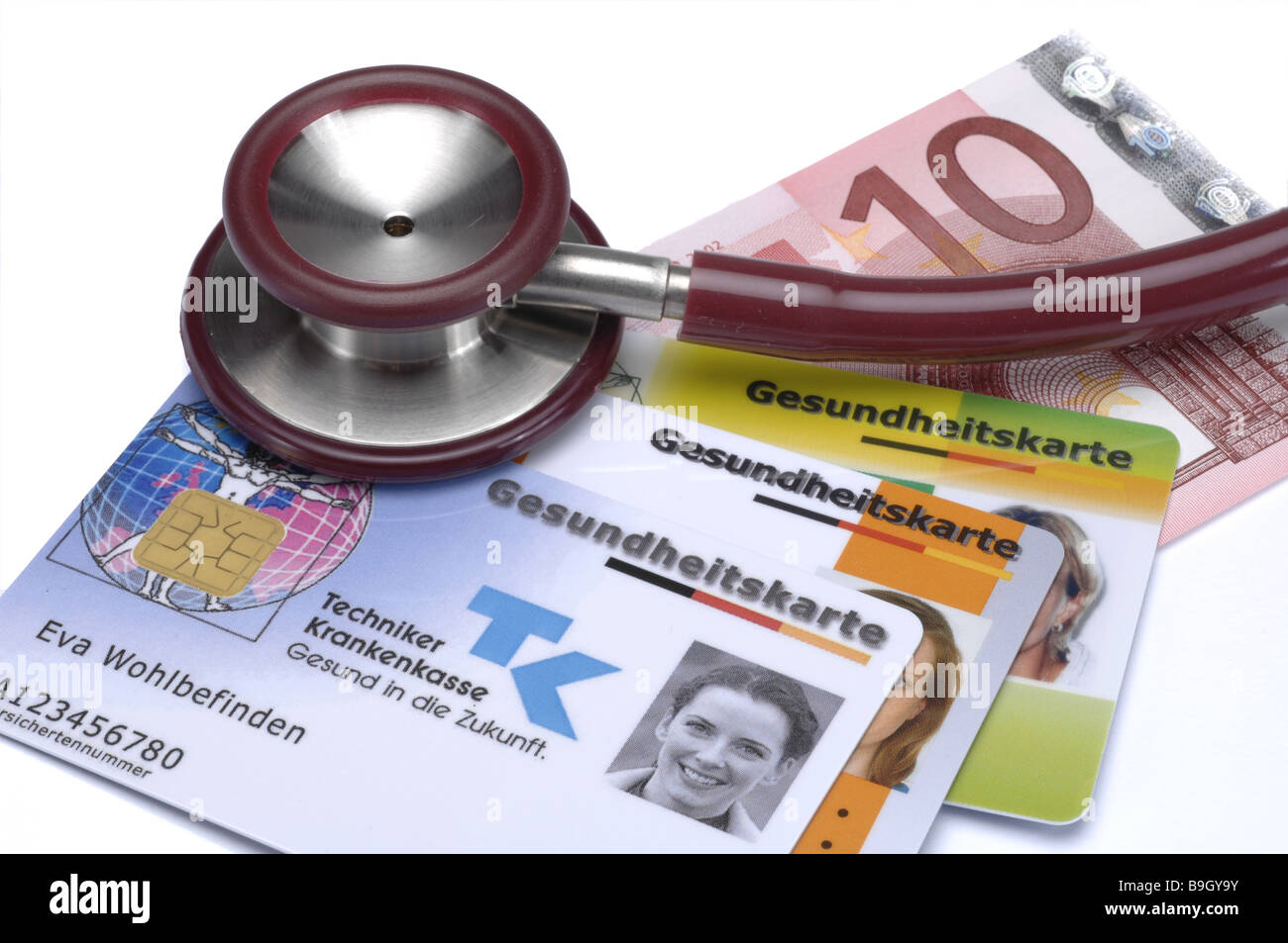 Stethoskop Detail Politik Halter-Karten zehn-Euro-Bank beachten Sie keine Eigenschaft Version Krankenkassen unterschiedlich rechtlich Stockfoto