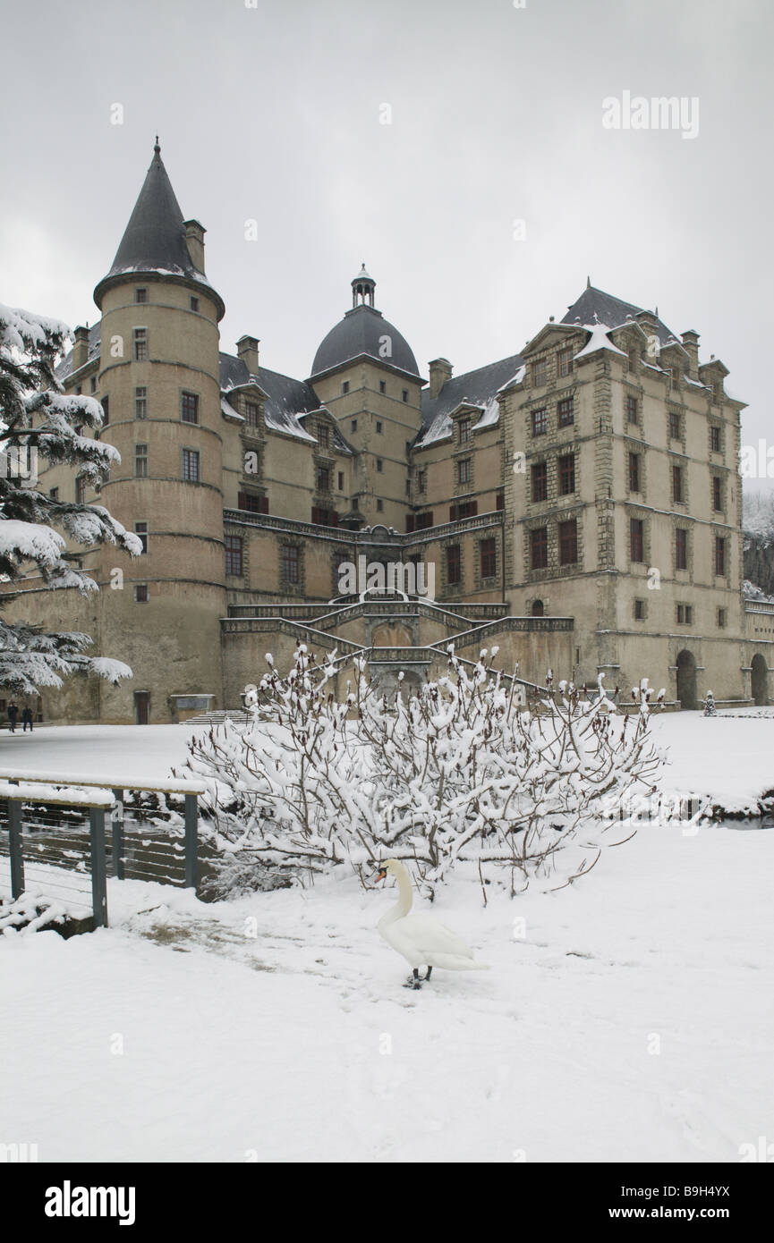 Frankreich Departement Isere Vizille Chateau de Vizille-Schlosspark Bach Brücke Schwan Winterbau historisch Palast Stockfoto