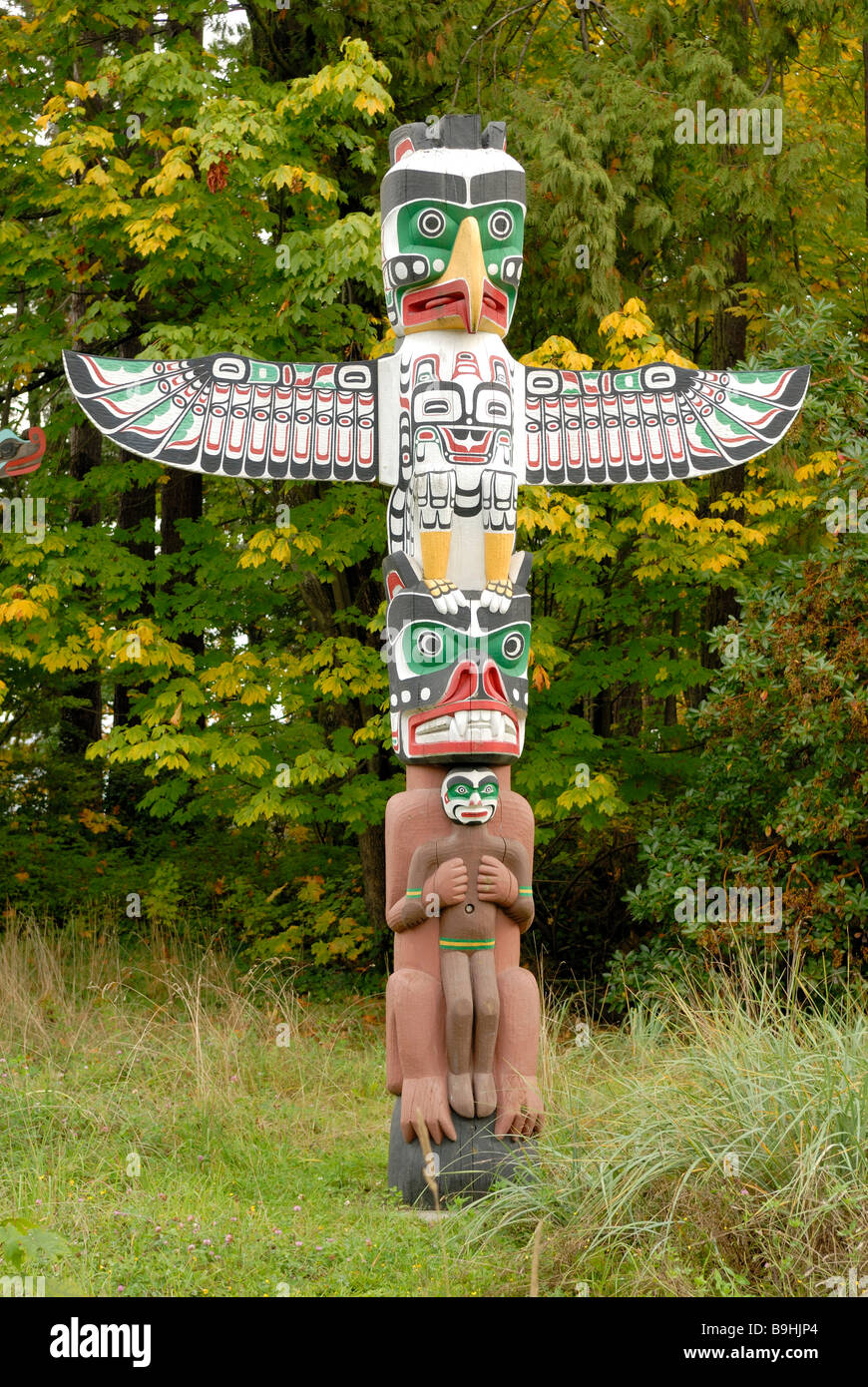 Indische Totempfahl, Stanley Park, Vancouver, Vancouver Island, Kanada, Nordamerika Stockfoto