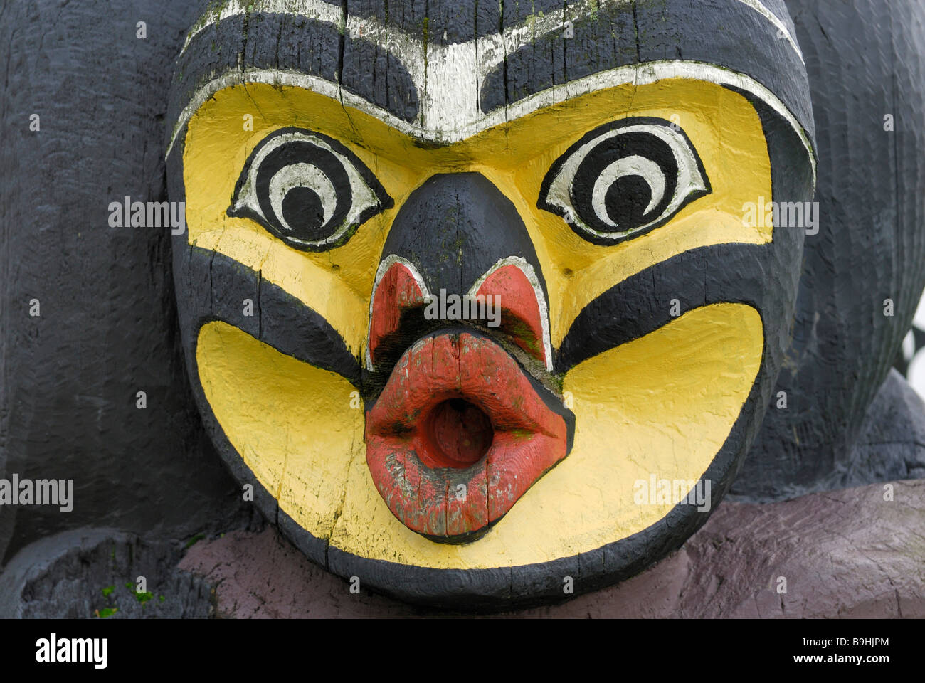 Gesicht auf einem indianischen Totempfahl, detail, Royal BC Museum, Victoria, Vancouver Island, British Columbia, Kanada, Nord Amer Stockfoto