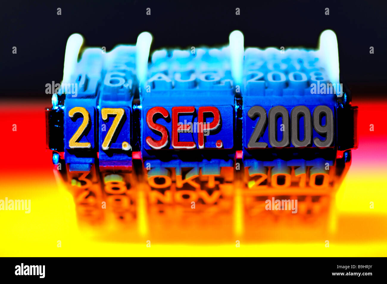 Dater mit dem Datum der Bundestagswahl am 27. September 2009, schwarz, rot, Gold, gelb Stockfoto