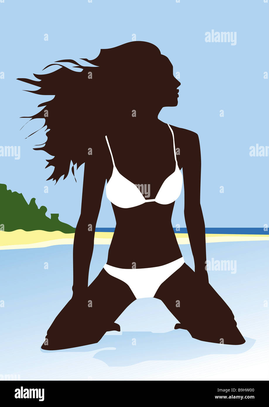 Abbildung Strand See Frau Bikini kniet Sonnenbad junge schlanke Schönheit  attraktiv ziemlich langhaarigen Ideal-Figur sexy Posen Stockfotografie -  Alamy