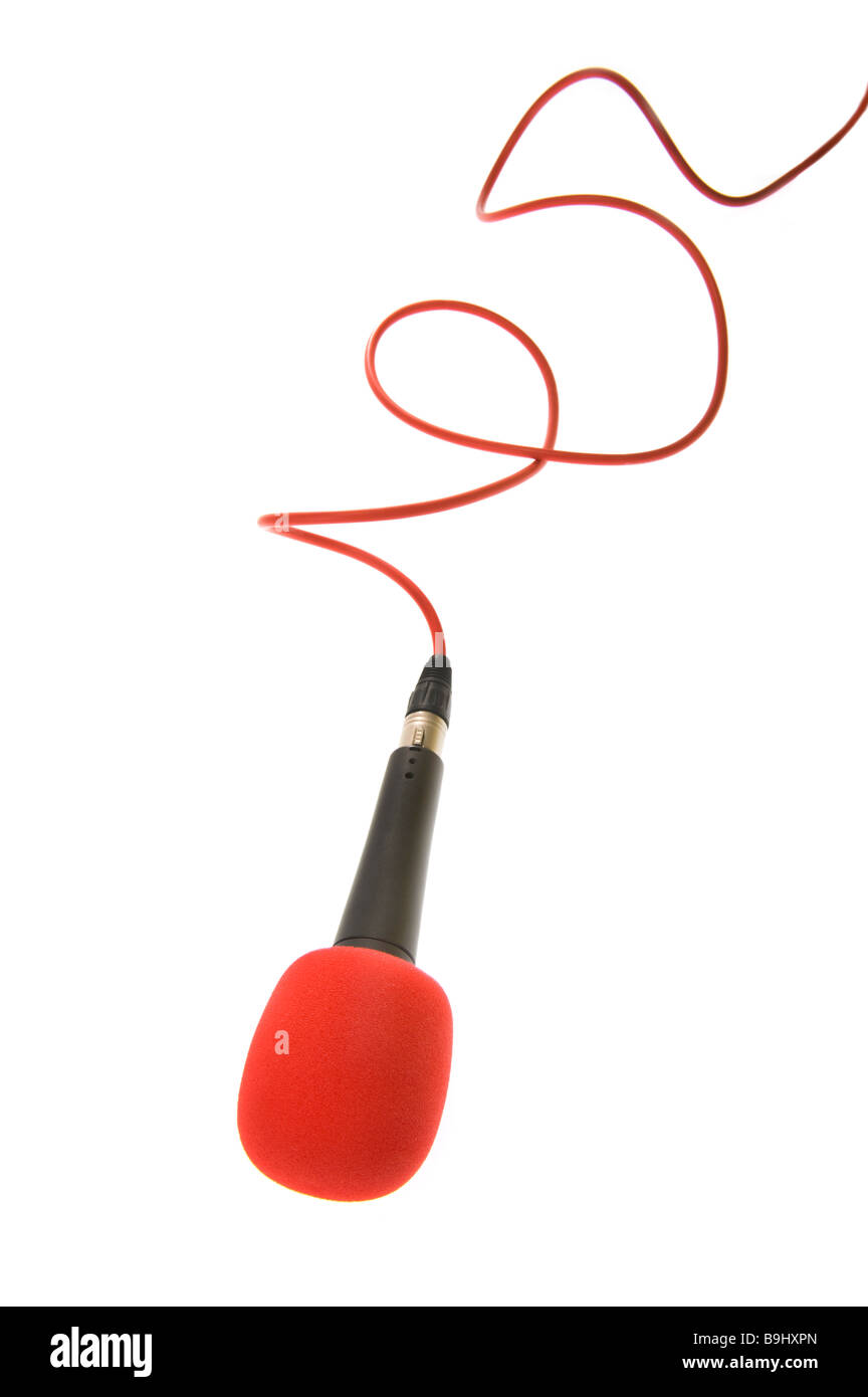 Mikrofon micro Mike mic Mikrophone mit roten Draht Kabel Streifen Linie verbinden Verbindung Musik singen Sänger Vision Contest sym Stockfoto
