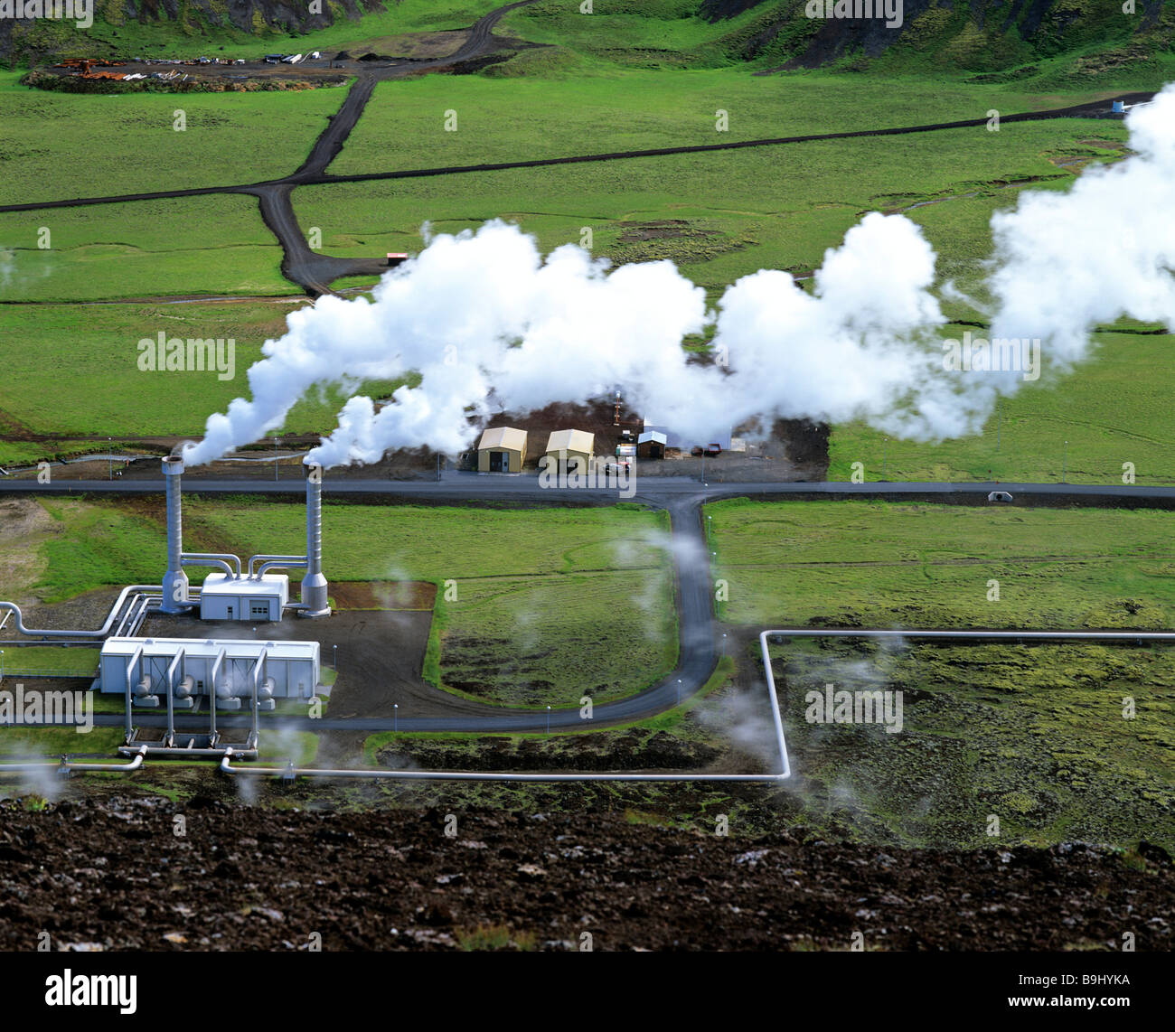 Geothermisches Kraftwerk Nesjavellir, Luftbild, Island Stockfoto