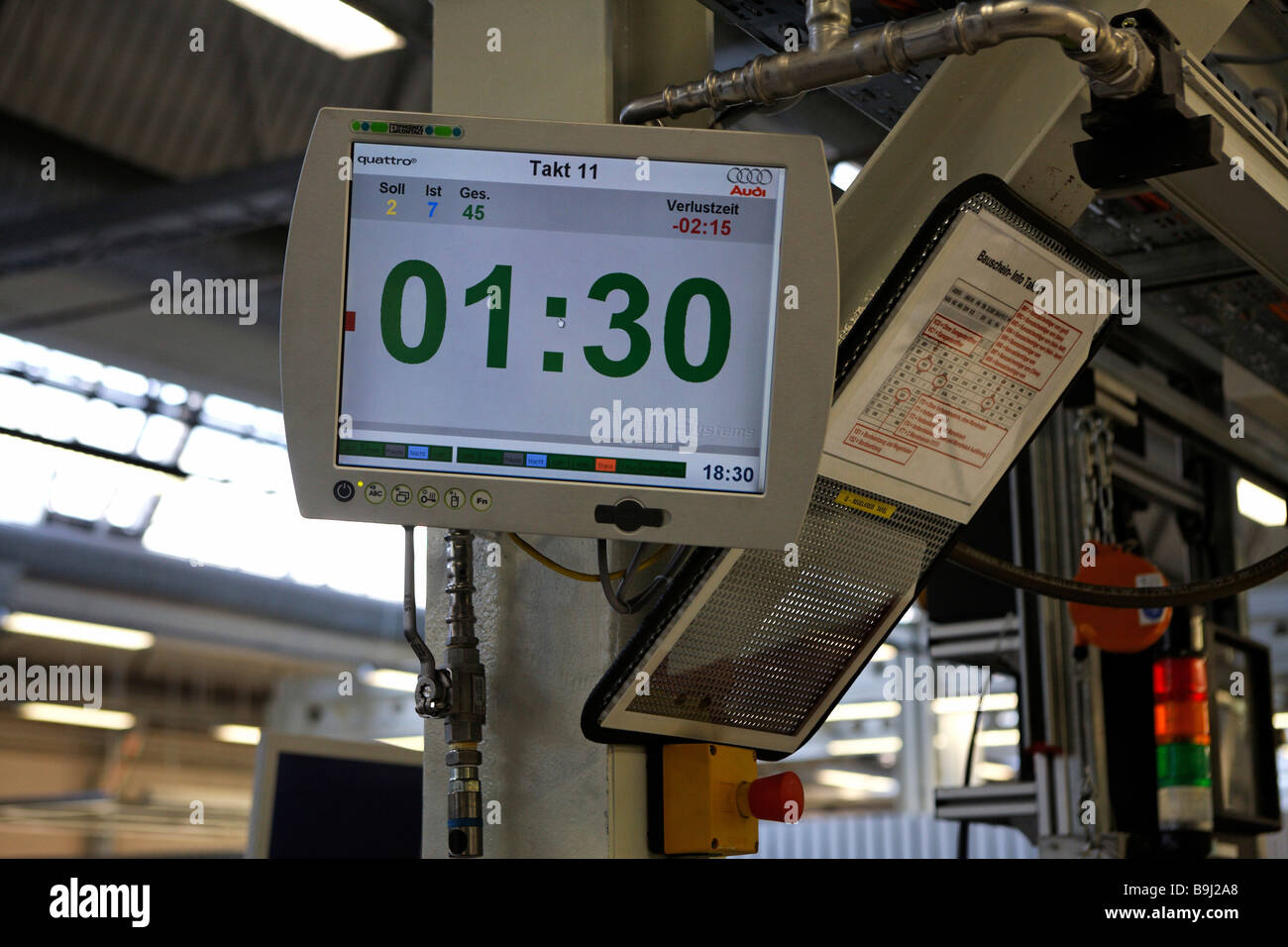 Arbeits Zeit Display und Uhr Zähler über das Fließband in der R8-Fertigung des Audi-Werks in Neckarsul Stockfoto