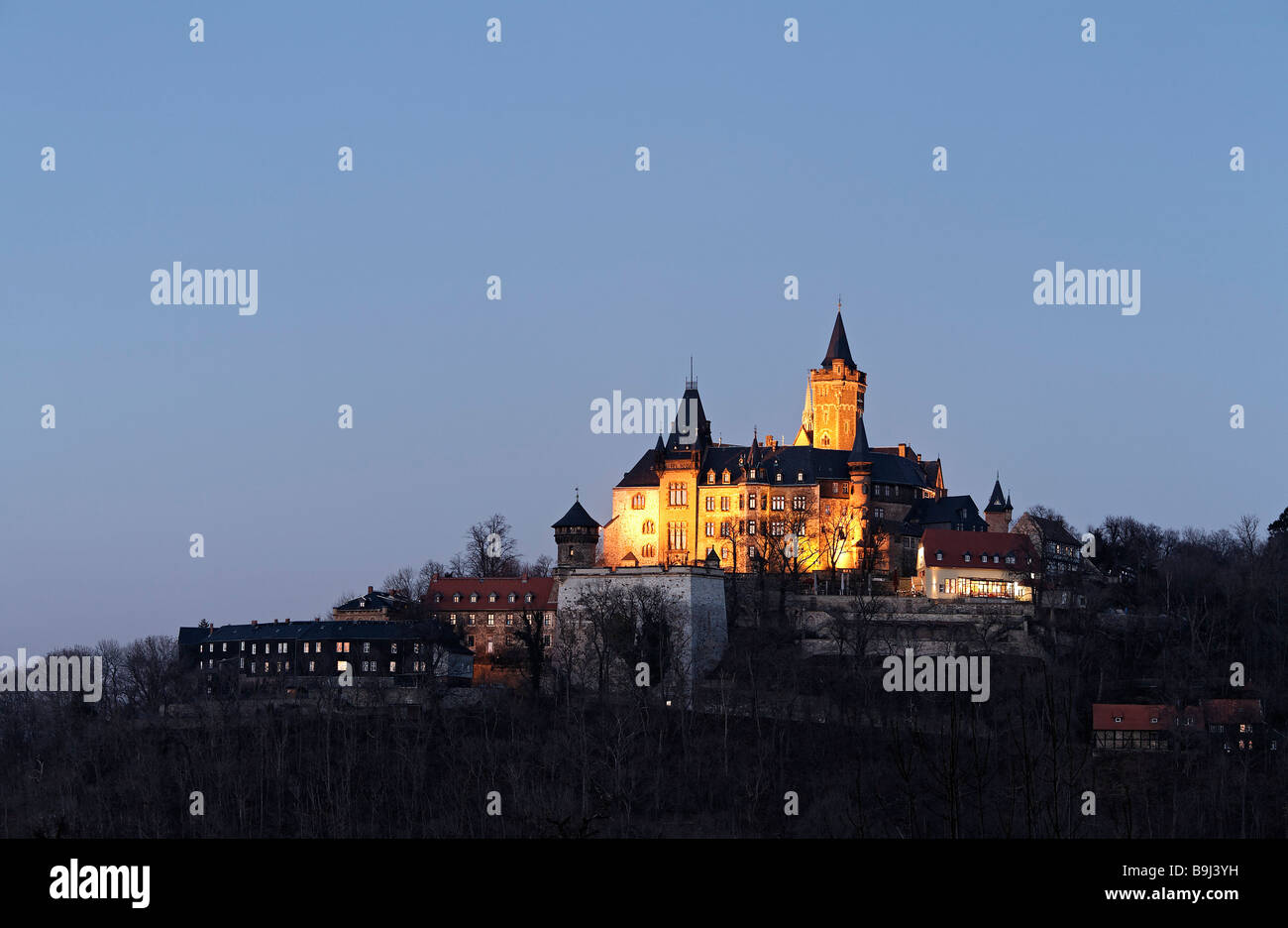 Wernigerode-Schloss, beleuchtet, Abend, Harz, Sachsen-Anhalt, Deutschland, Europa Stockfoto