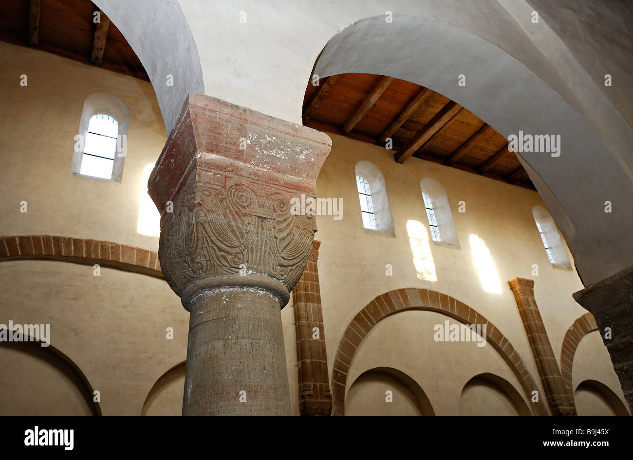 Münster-Druebeck, Interieur, Säule mit romanischen Cap von Ilsenburg, Harz, Sachsen-Anhalt, Deutschland, Europa Stockfoto