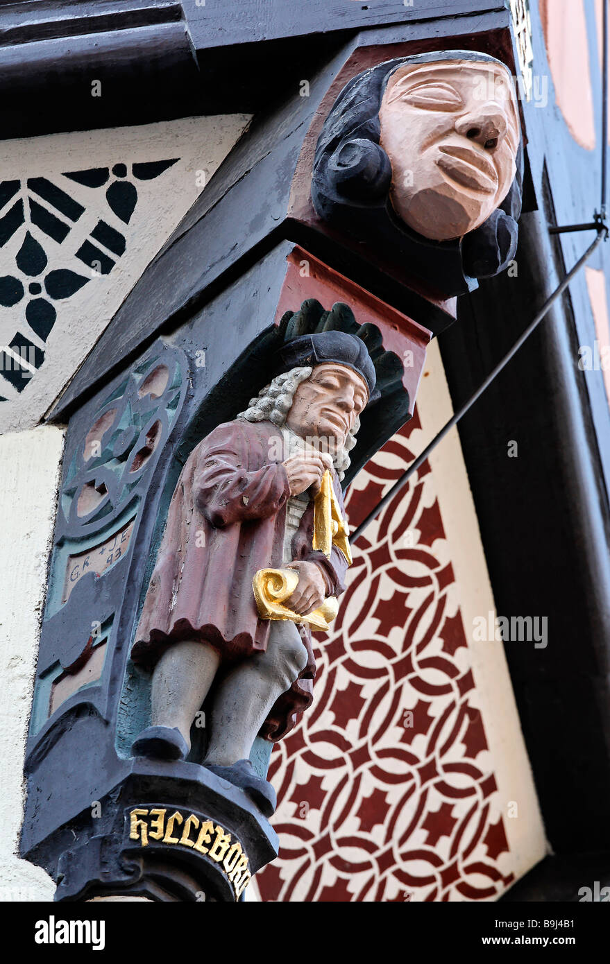 Geschnitzte Figur, Meister Hilleborch, historische Rathaus Wernigerode, Harz, Sachsen-Anhalt, Deutschland, Europa Stockfoto