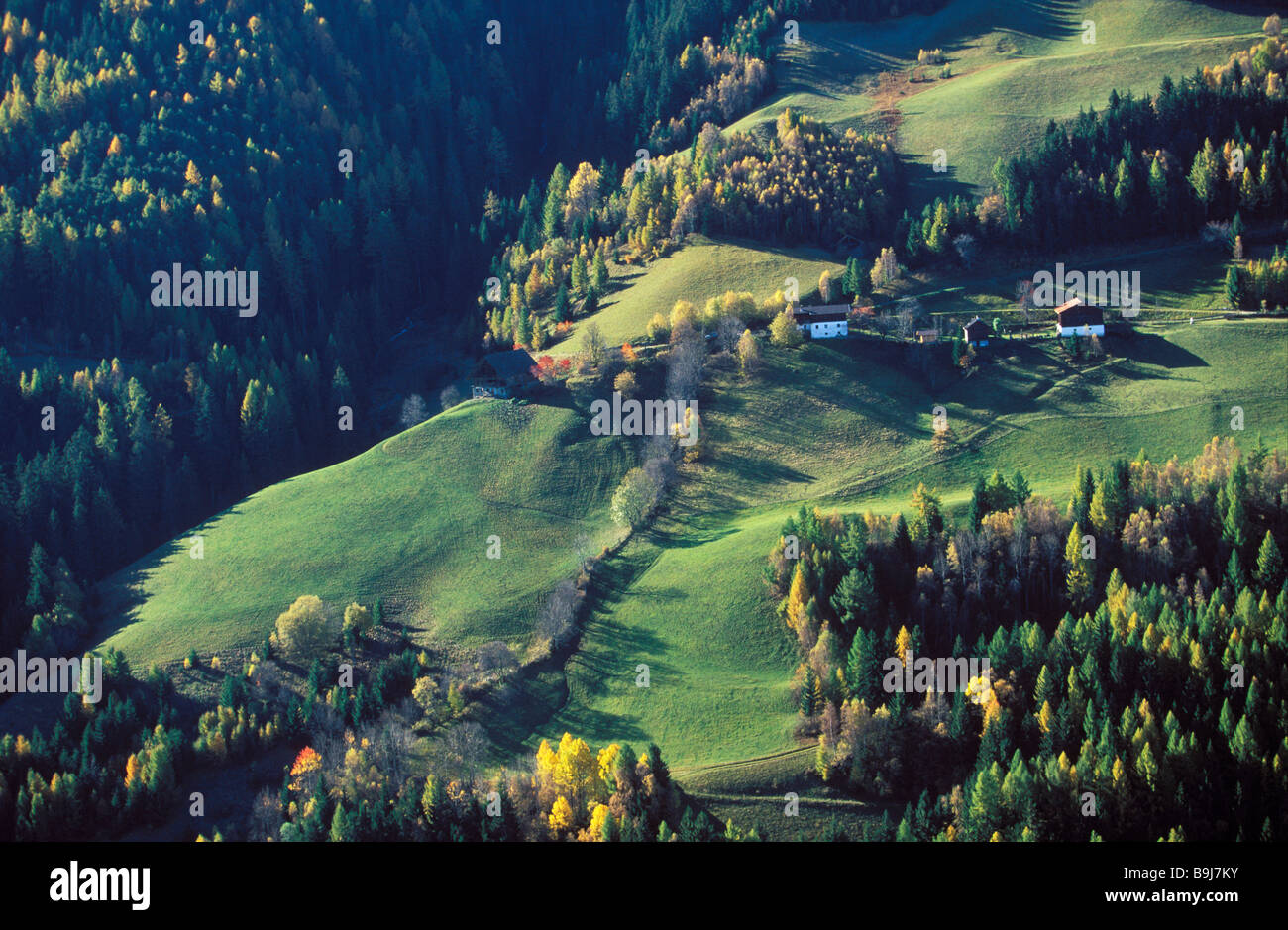 Luftbild, herbstlichen Val Badia Tal in der Nähe von Vintl, Bolzano-Bozen, Italien Stockfoto